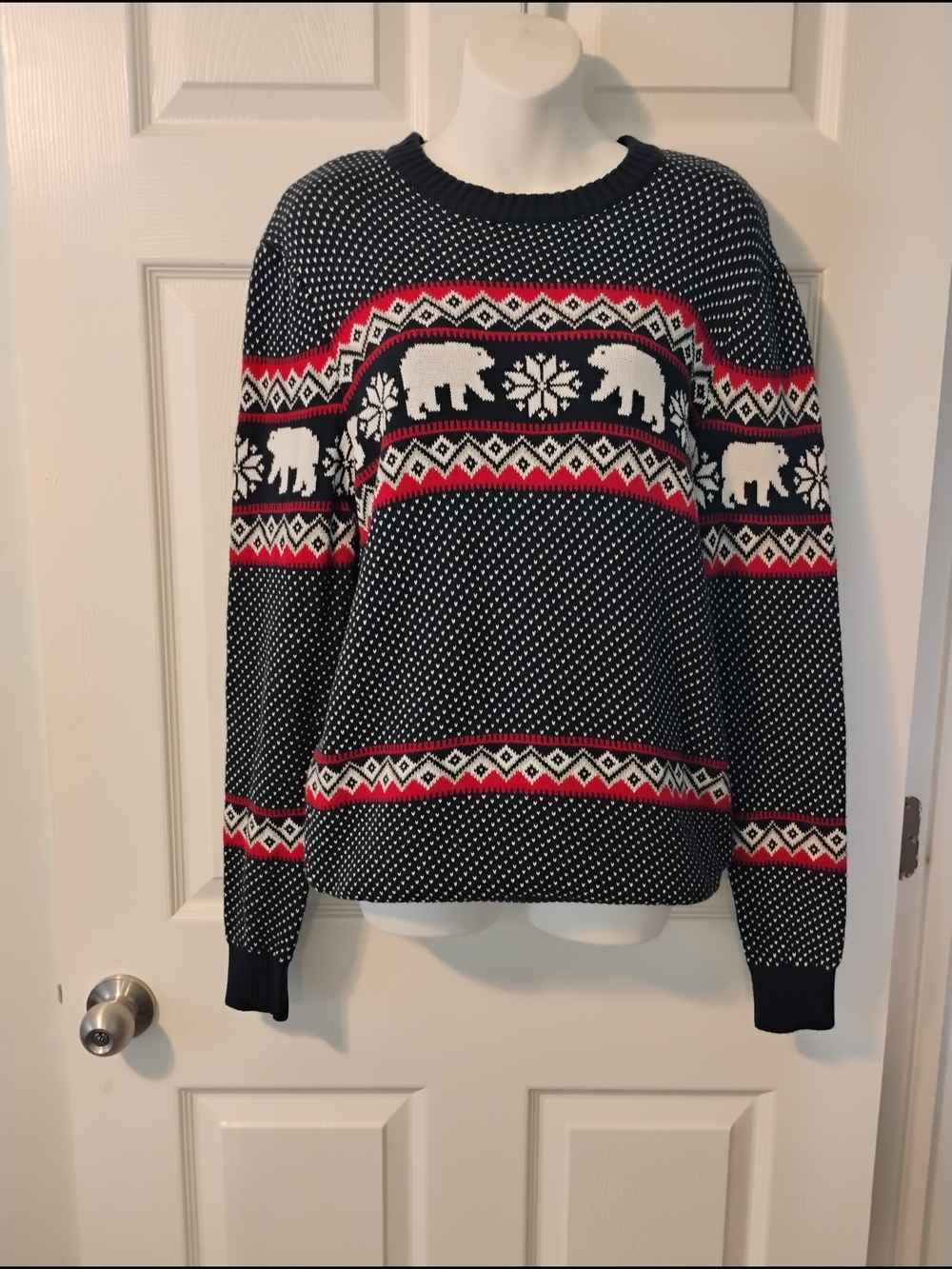 Men's Navy Polar Bear Crewneck Sweater with Red Accent